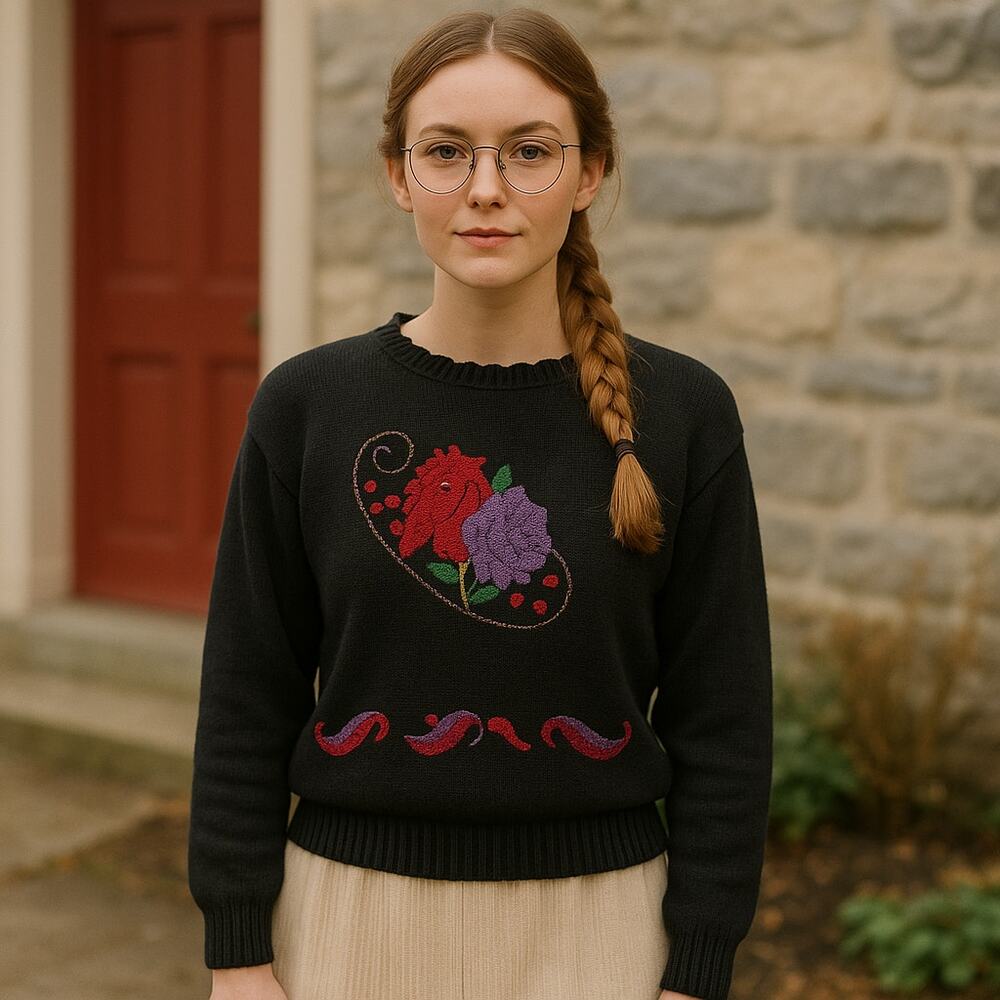 Vintage Black Embroidered Floral Knit Sweater with‎ Ribbed Waist Hem M